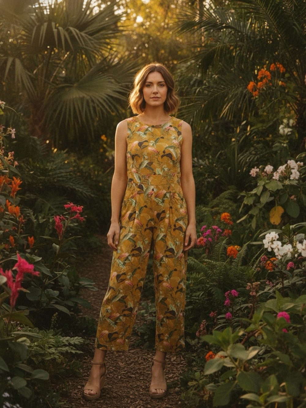 CHEPE Golden Yellow Sleeveless Jumpsuit in a Tropical Botanical Print 
Medium